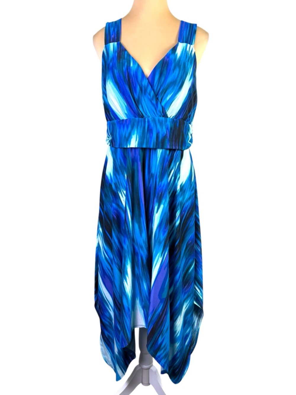 Soma Blue Aqua Watercolor Dress 💙 V-Neck Built-In Bra Handkerchief Hem Size L